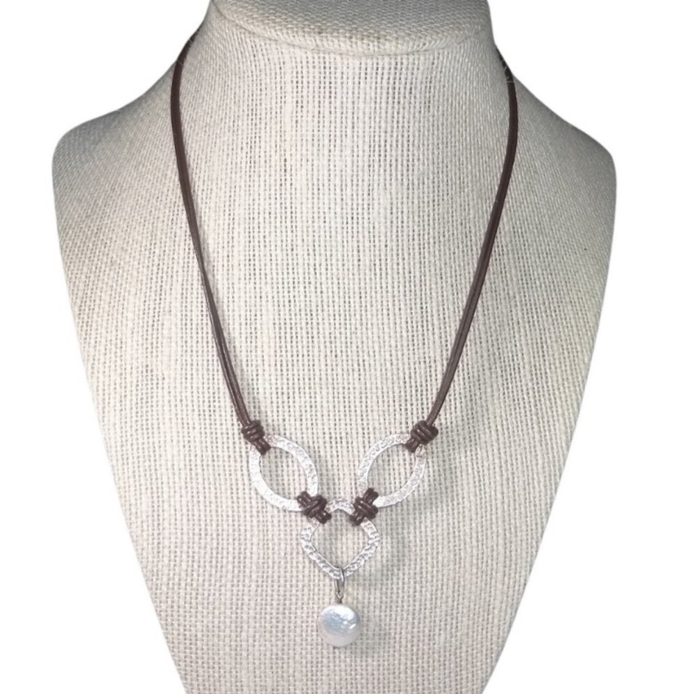 Silpada N1257 Brown Leather Coin Pearl Necklace Sterling Silver .925